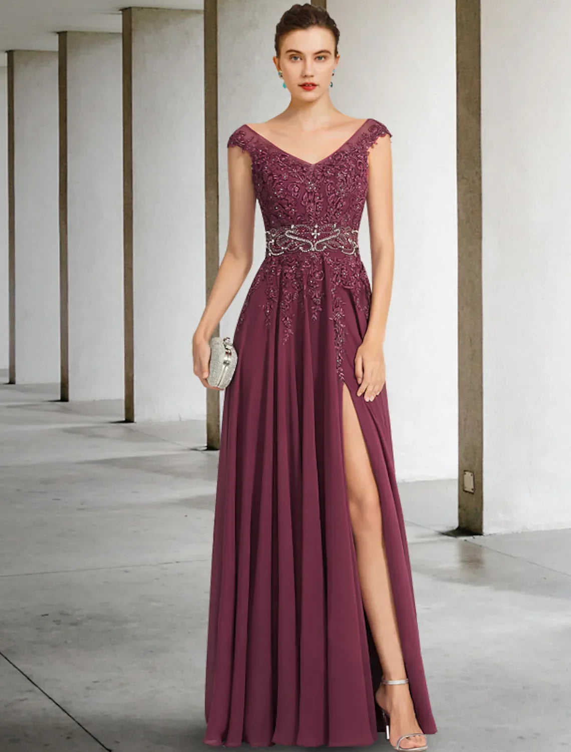 Mother of the Bride Dress Elegant V Neck Floor Length Sleeveless with Sash Ribbon Beading Split