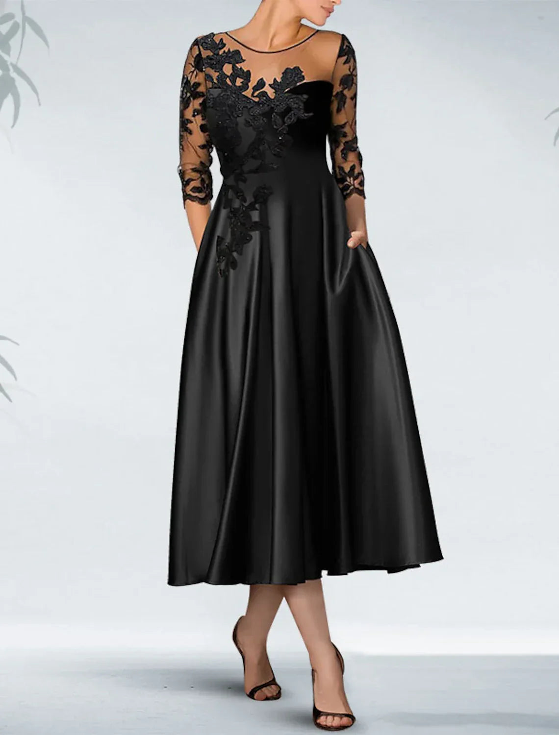 Black Cocktail Dress Plus Size Appliques Elegant Dress Fall Wedding Guest Dress For Mother Knee Length 3/4 Length Sleeve Off Shoulder Pocket with Beading Pocket