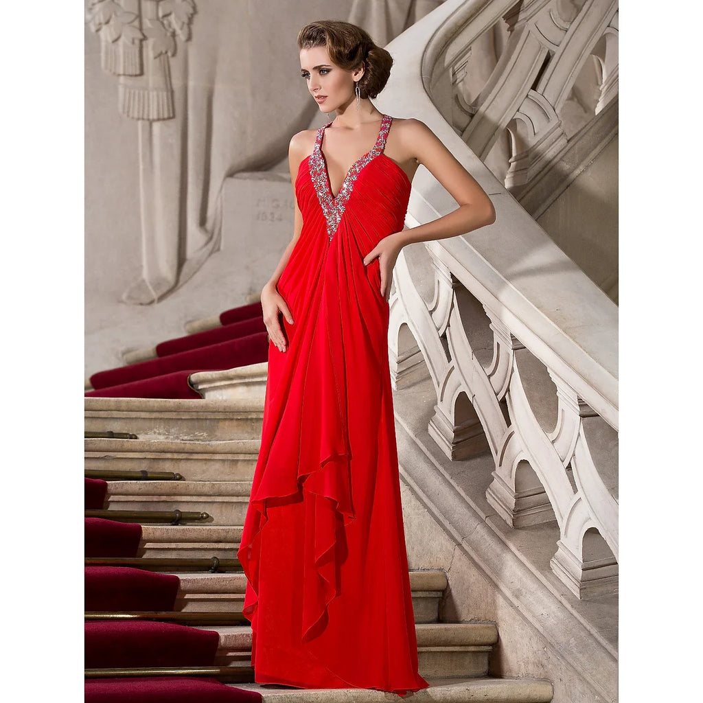 Celebrity Style Dress Formal Evening Military Ball Floor Length Sleeveless Plunging Neck with Beading