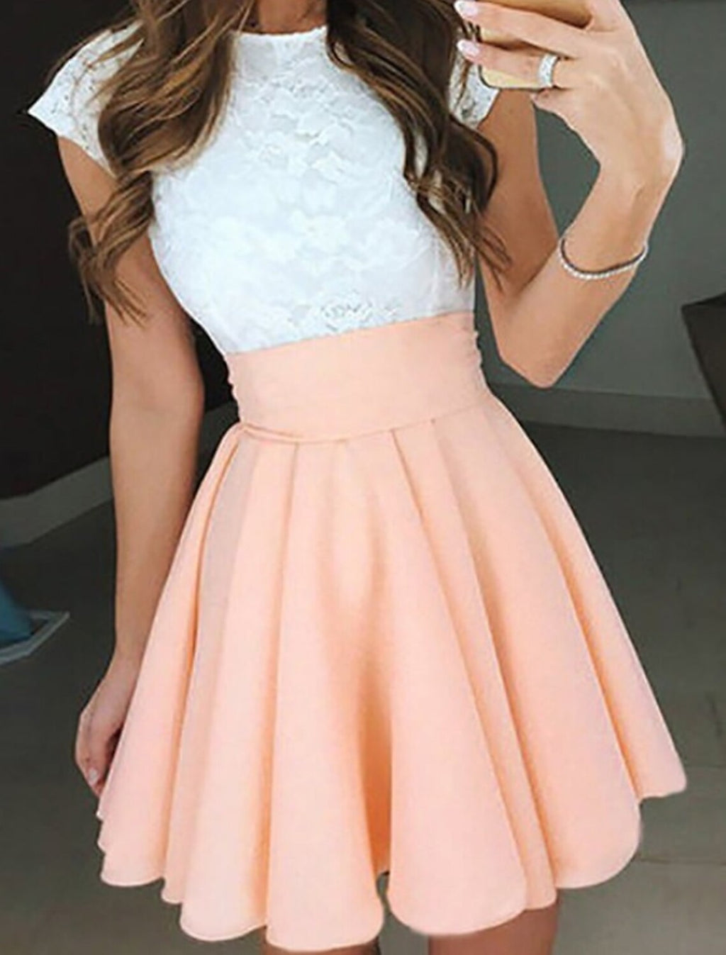 Back Flirty Graduation Cocktail Party Dress Jewel Neck Short Sleeve Short / Mini with Pleats
