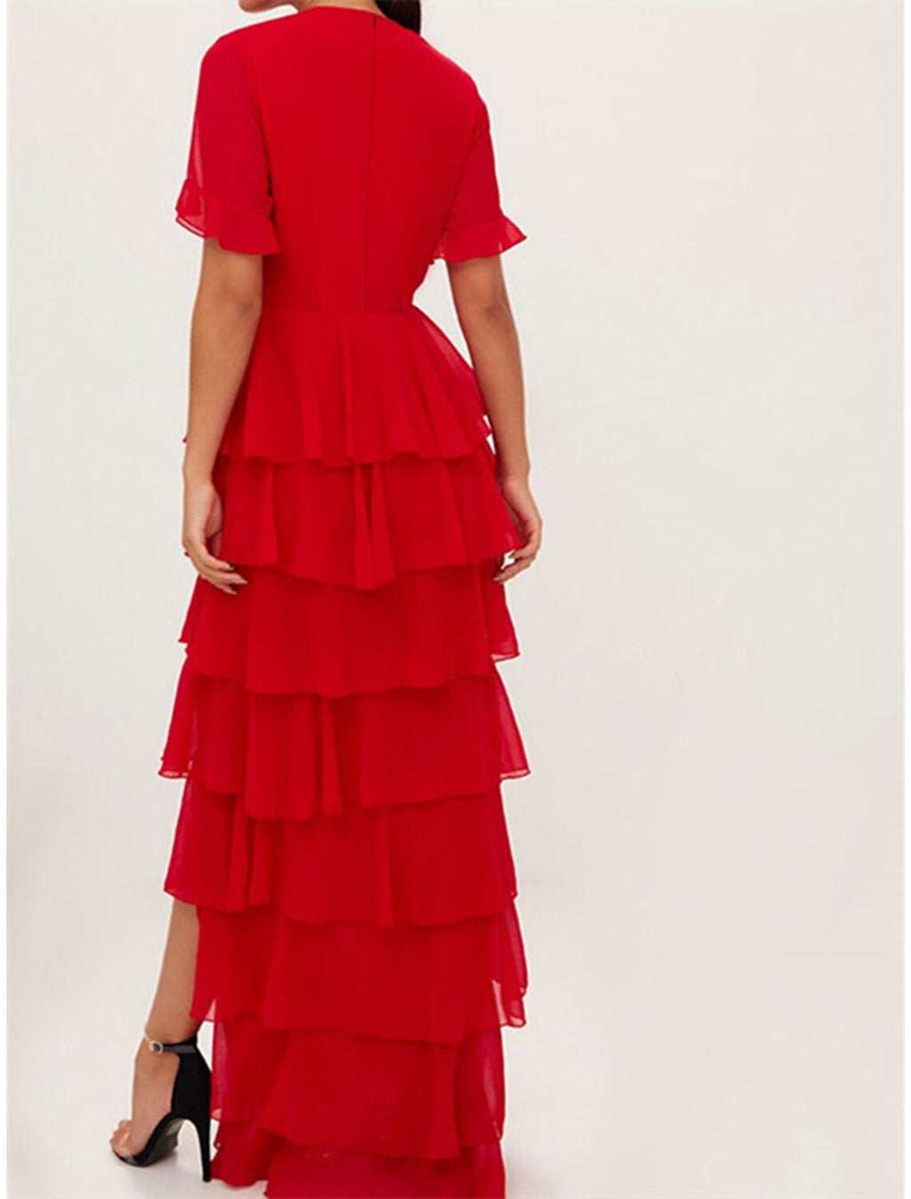 Green Evening Dress Red Dress Elegant Wedding Guest Formal V Neck Short Sleeve Floor Length with Ruffles Tier