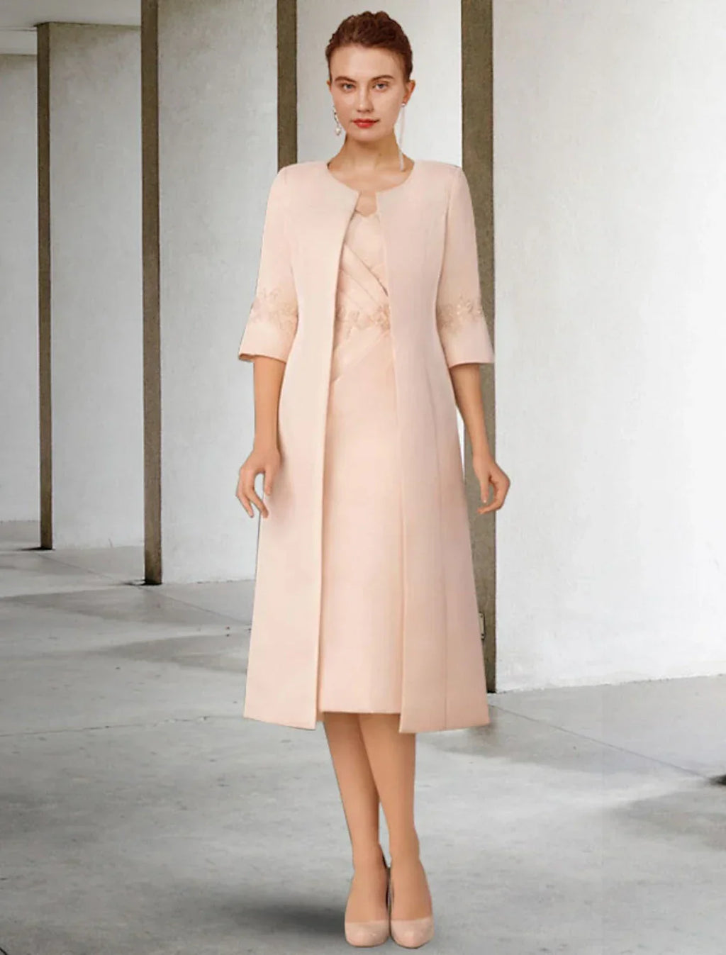 Two Piece Sheath / Column Mother of the Bride Dress Church Elegant Winter With Jacket Short Sleeve V Neck Knee Length Appliques Side-Draped