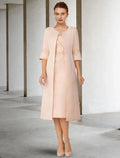 Two Piece Sheath / Column Mother of the Bride Dress Church Elegant Winter With Jacket Short Sleeve V Neck Knee Length Appliques Side-Draped