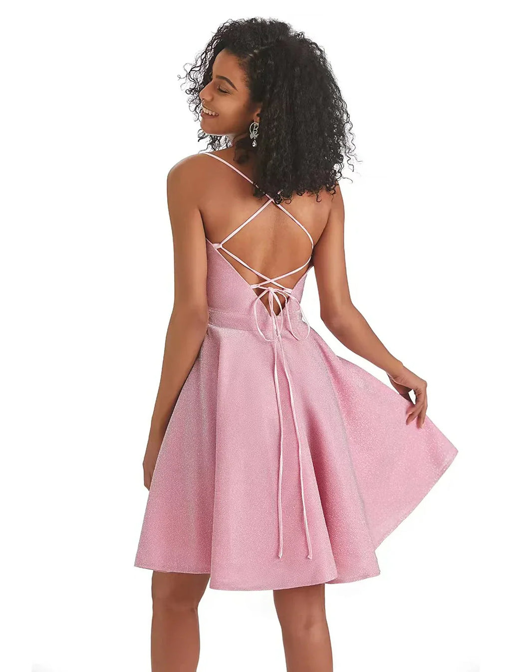 Pink Homecoming Dresses Backless Dress Graduation Cocktail Party Short / Mini Sleeveless Spaghetti Strap Dress Lurex Fabric with Strappy
