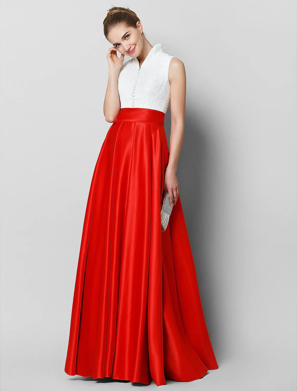 Black & Luxurious Color Block Formal Evening Tie Gala Dress High Neck Sleeveless Floor Length with Pleats