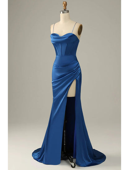 Elegant Red Mermaid Classic-Neck Sleeveless Lace-Up-Back Floor-Length Evening Dress