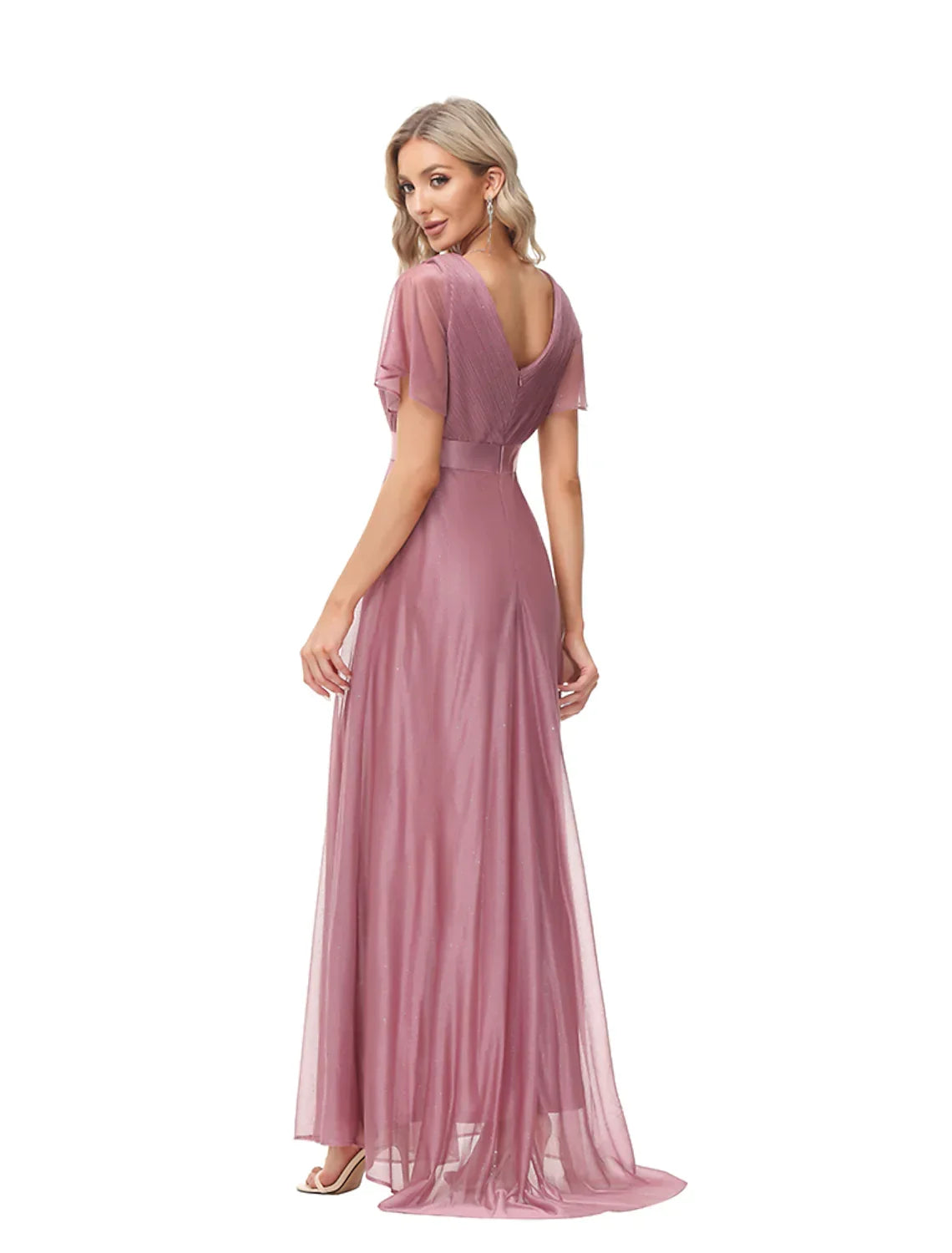 Evening Gown Dress Wedding Floor Length Short Sleeve V Neck with Ruched Ruffles