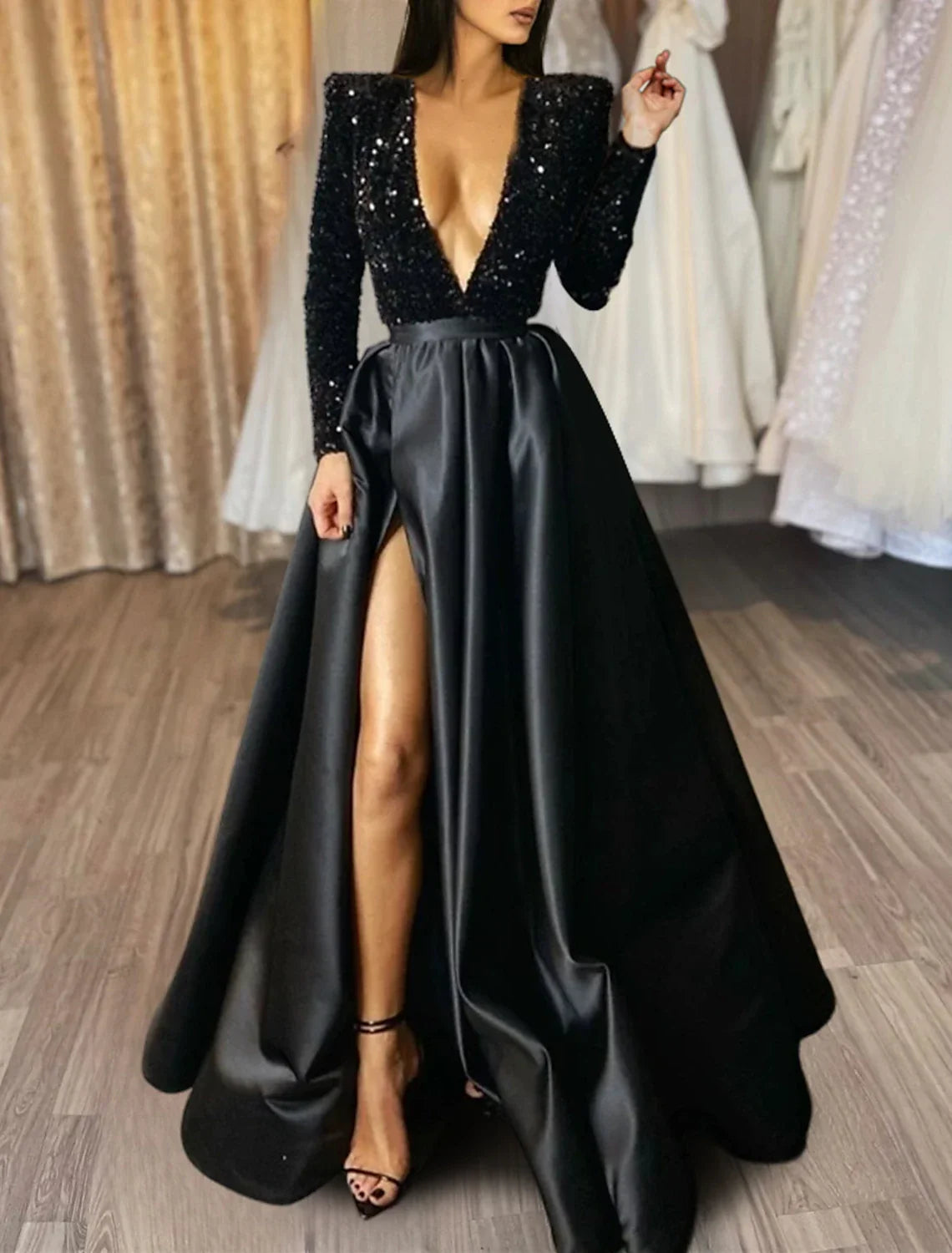 Black Evening Gown Christmas Red Green Dress Formal Dress Plus Size Wedding Court Train Half Sleeve V Neck with Slit