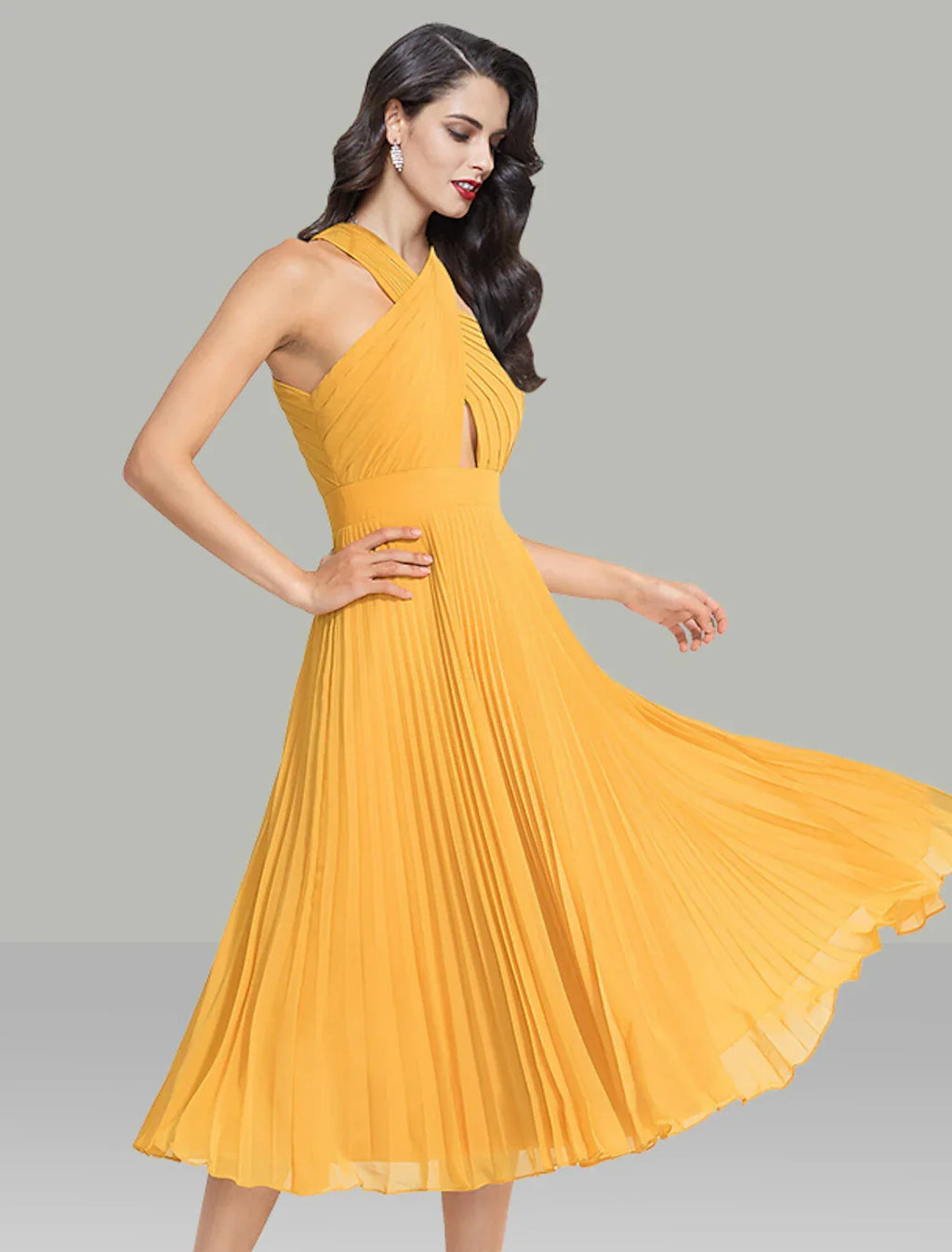 Wedding Guest Dresses Elegant Dress Cocktail Party Wedding Party Tea Length Sleeveless Halter Neck with Ruched