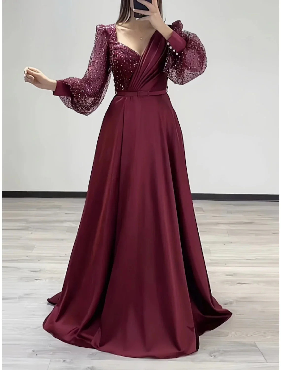 Evening Gown Elegant Dress Formal Fall Sweep / Brush Train Long Sleeve V Neck with Glitter Pleats Strappy