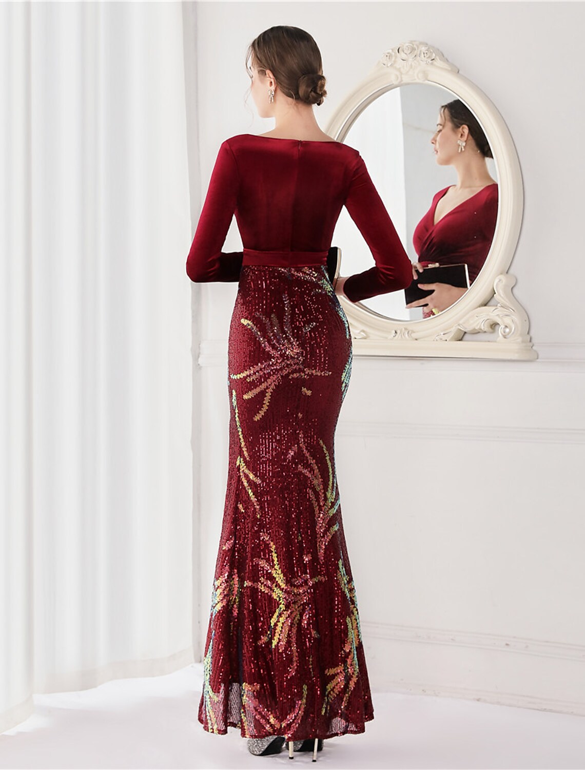 Evening Gown Elegant Dress Wedding Floor Length Long Sleeve V Neck V Back with Slit
