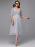 Wedding Guest Tea Length Short Sleeve V Neck Lace-up with Sash / Ribbon