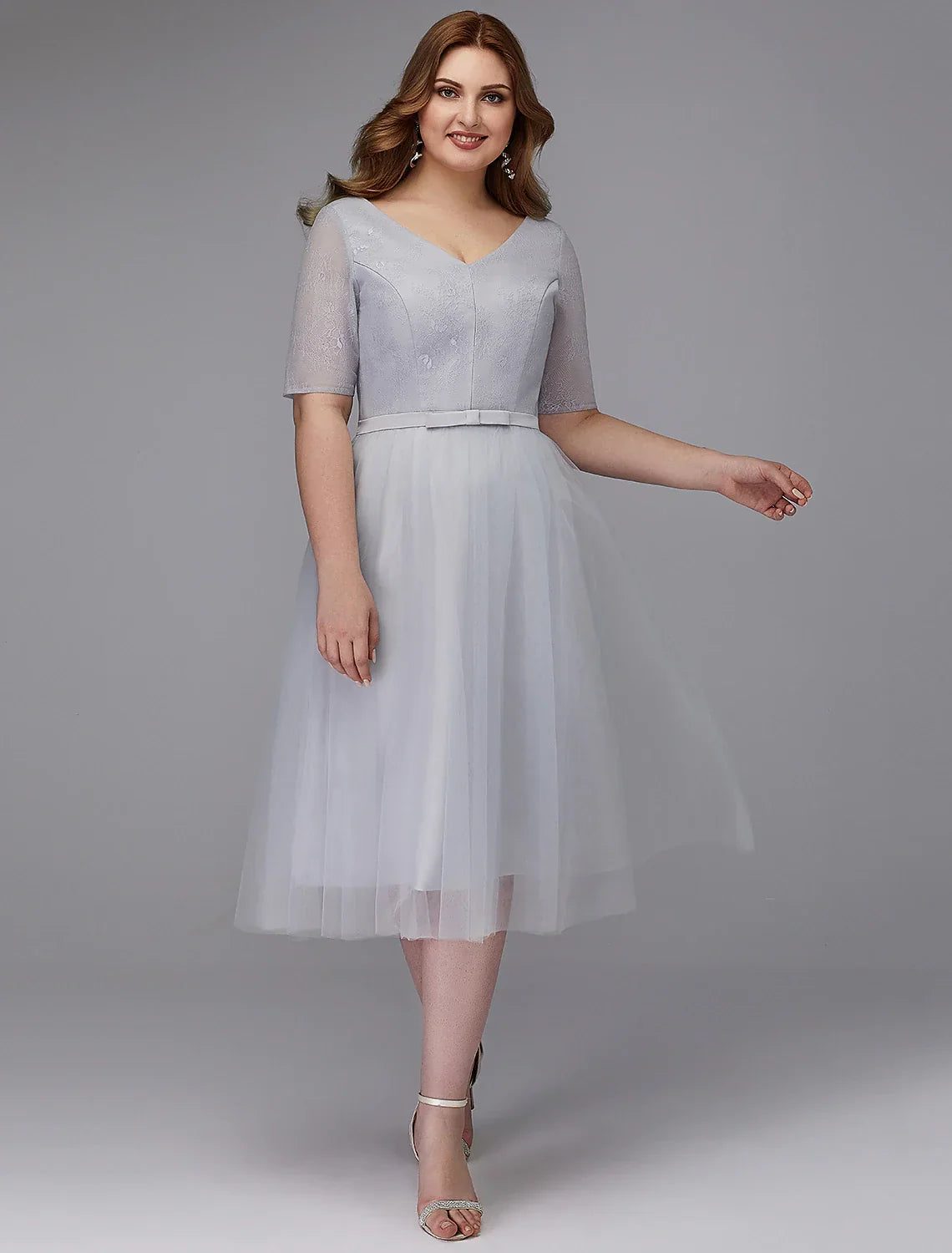 Wedding Guest Tea Length Short Sleeve V Neck Lace-up with Sash / Ribbon