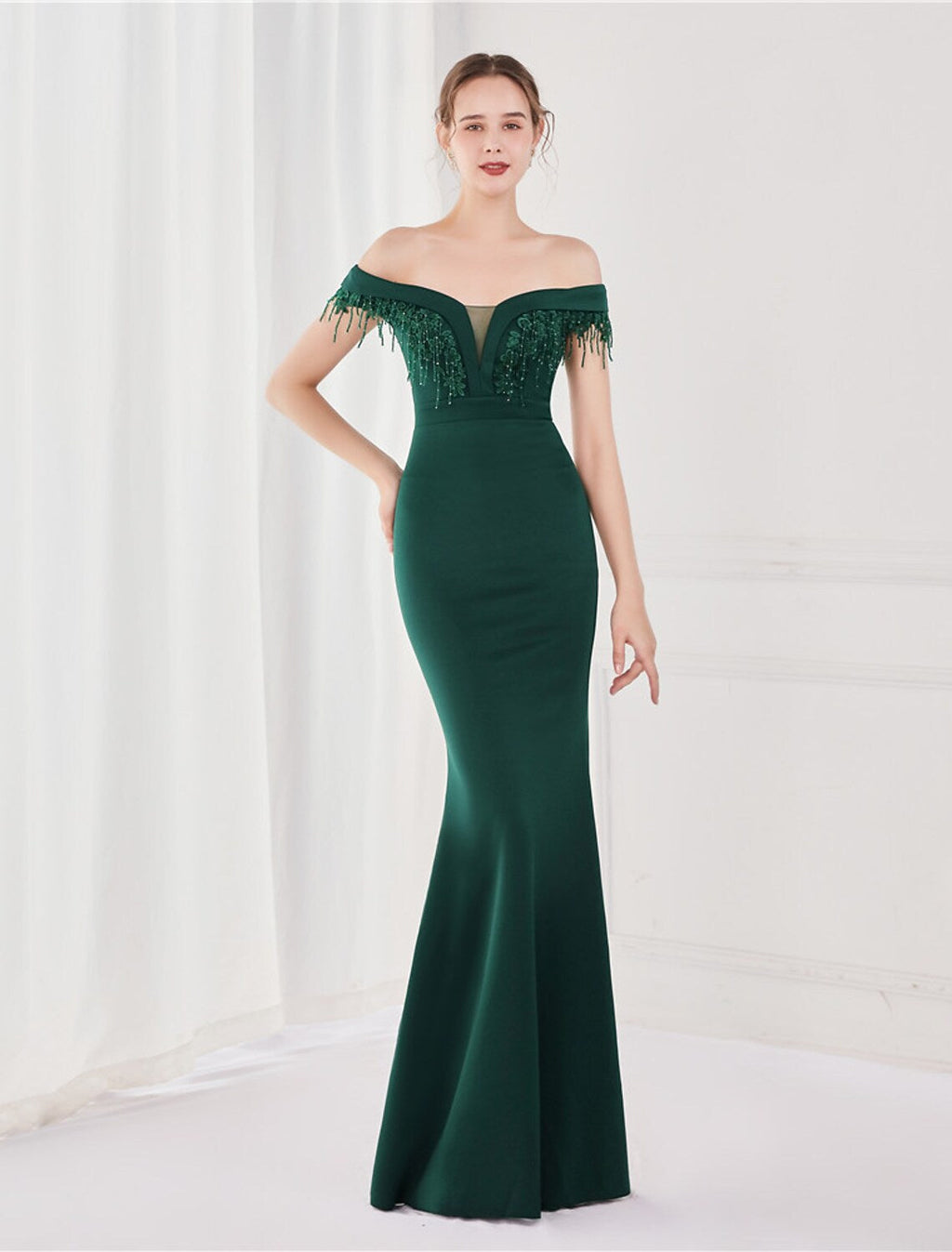 Sexy Wedding Formal Evening Dress Off Shoulder V Back Short Sleeve Floor Length with Tassel