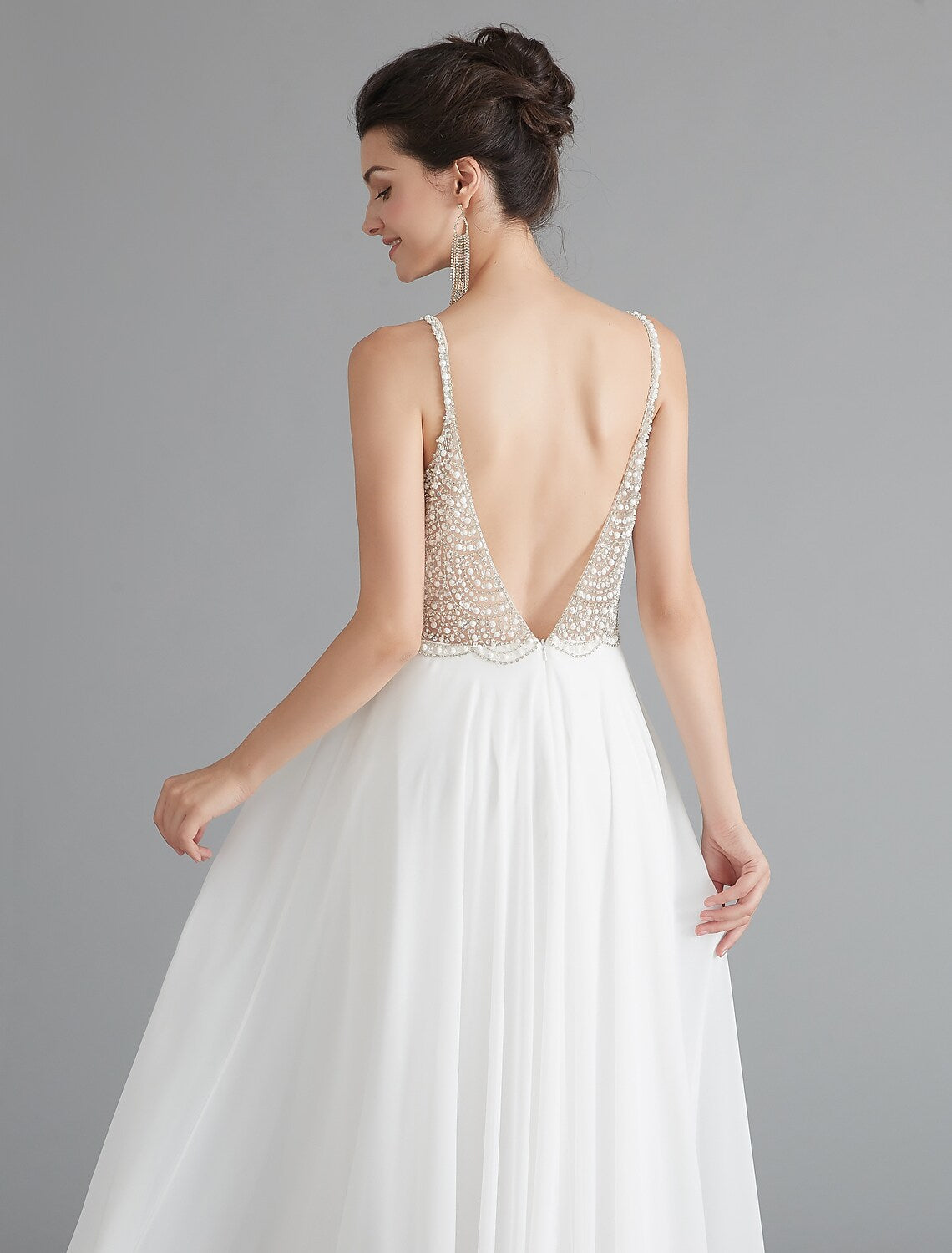 Evening Gown Dress Engagement Floor Length Sleeveless V Neck V Back with Beading