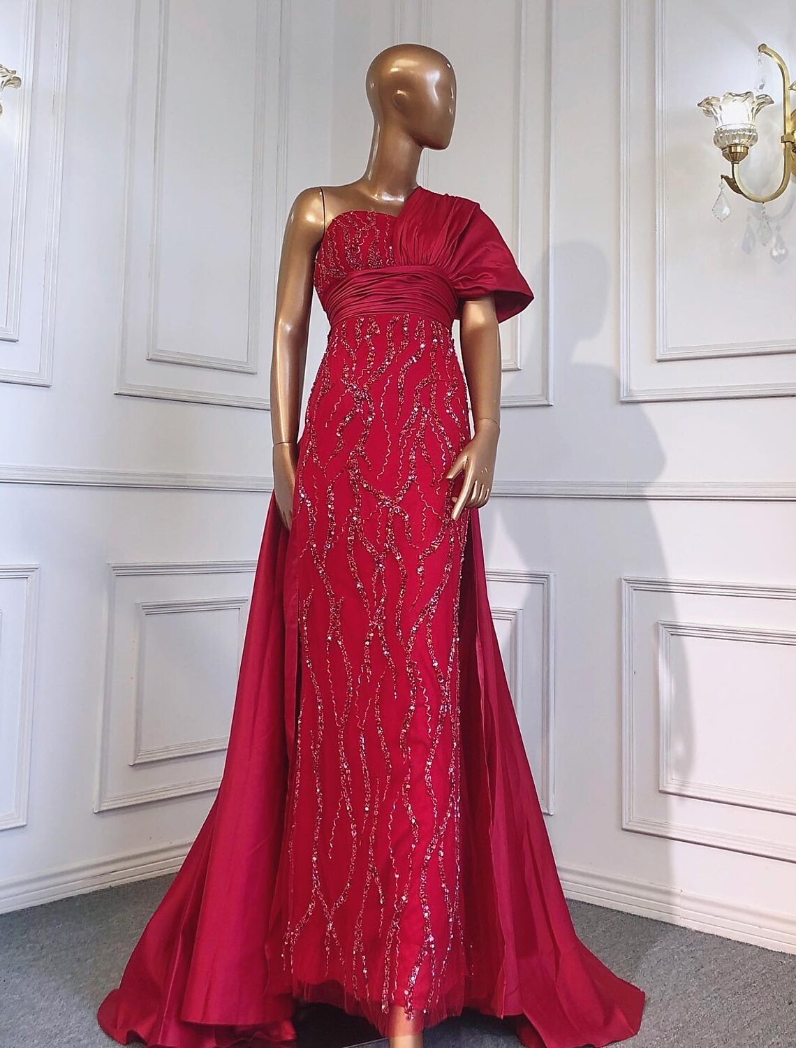 Evening Gown Luxurious Dress Formal Short Sleeve One Shoulder Charmeuse with Ruched Crystals