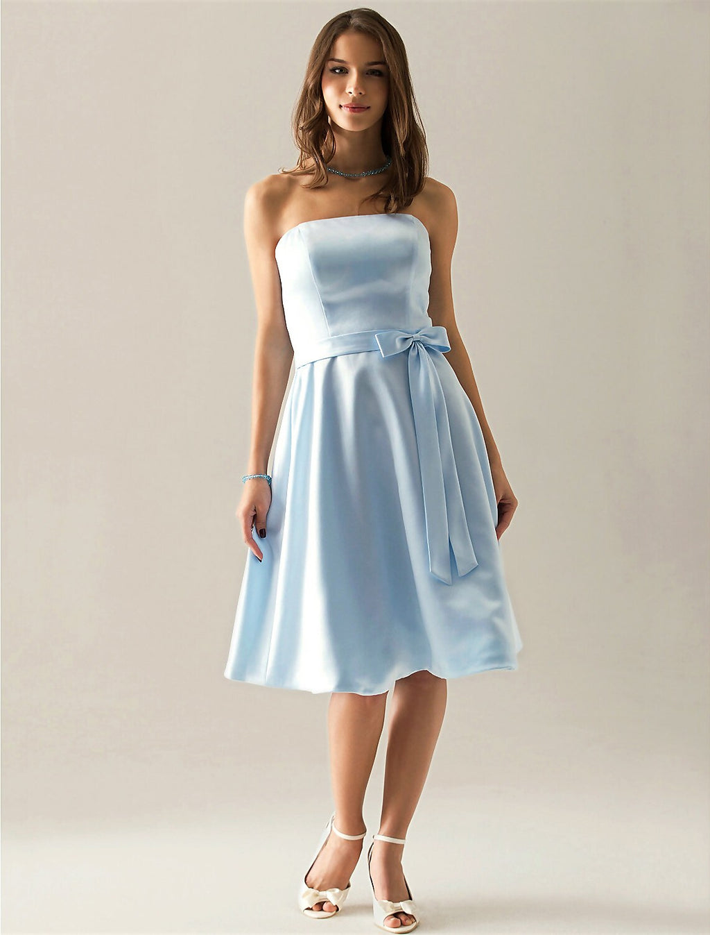Bridesmaid Dress Strapless Sleeveless Elegant Knee Length Sash Ribbon Bow