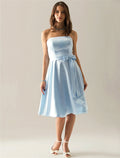 Bridesmaid Dress Strapless Sleeveless Elegant Knee Length Sash Ribbon Bow