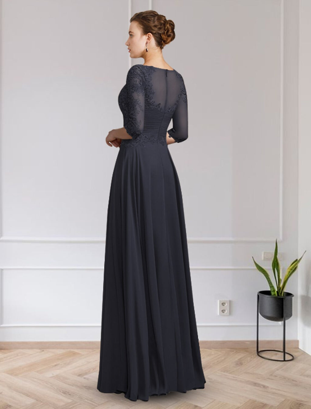 Mother of the Bride Dress Elegant V Neck Floor Length Half Sleeve with Appliques