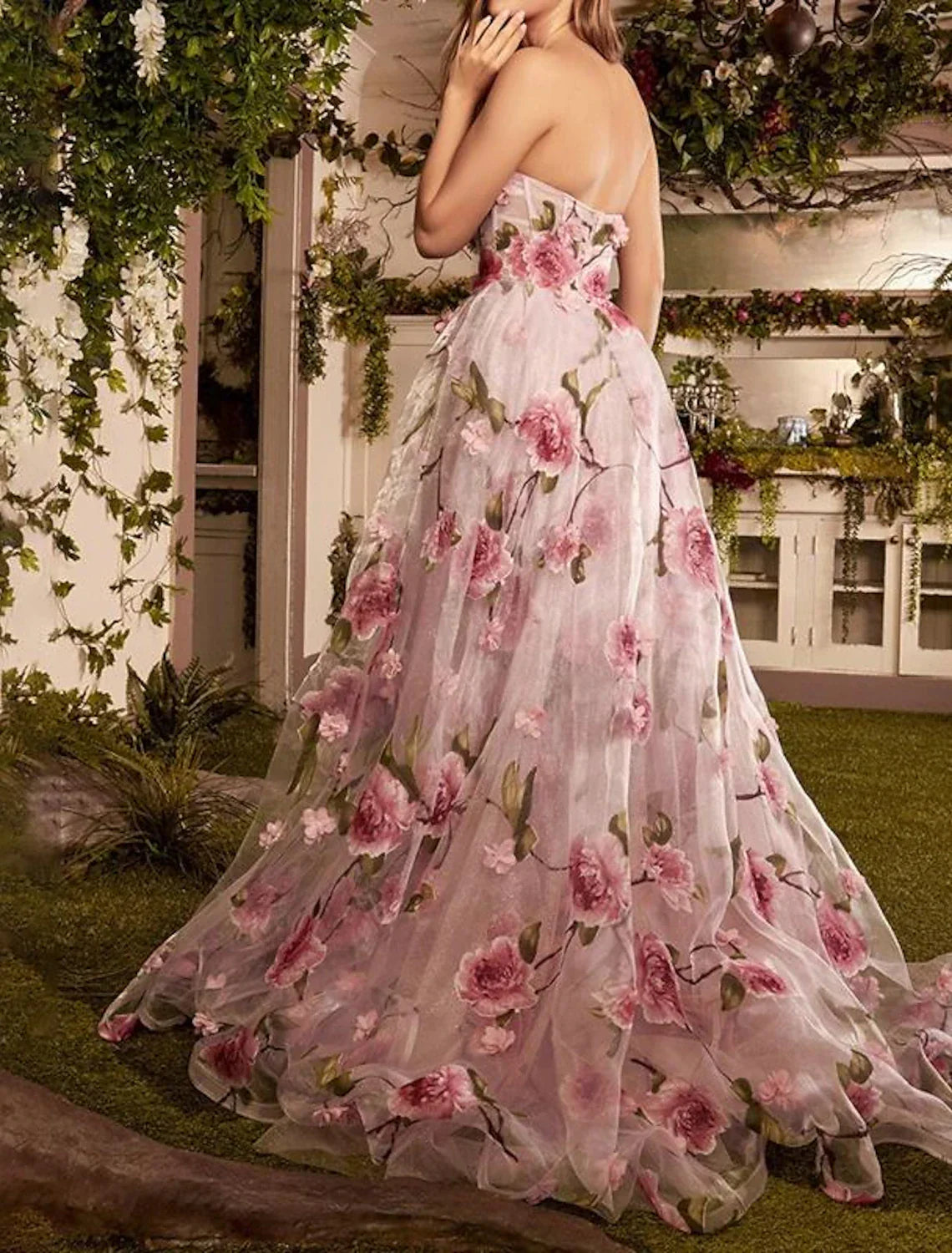 Floral Dress Wedding Guest Wedding Party Court Train Sleeveless Strapless with Slit Appliques