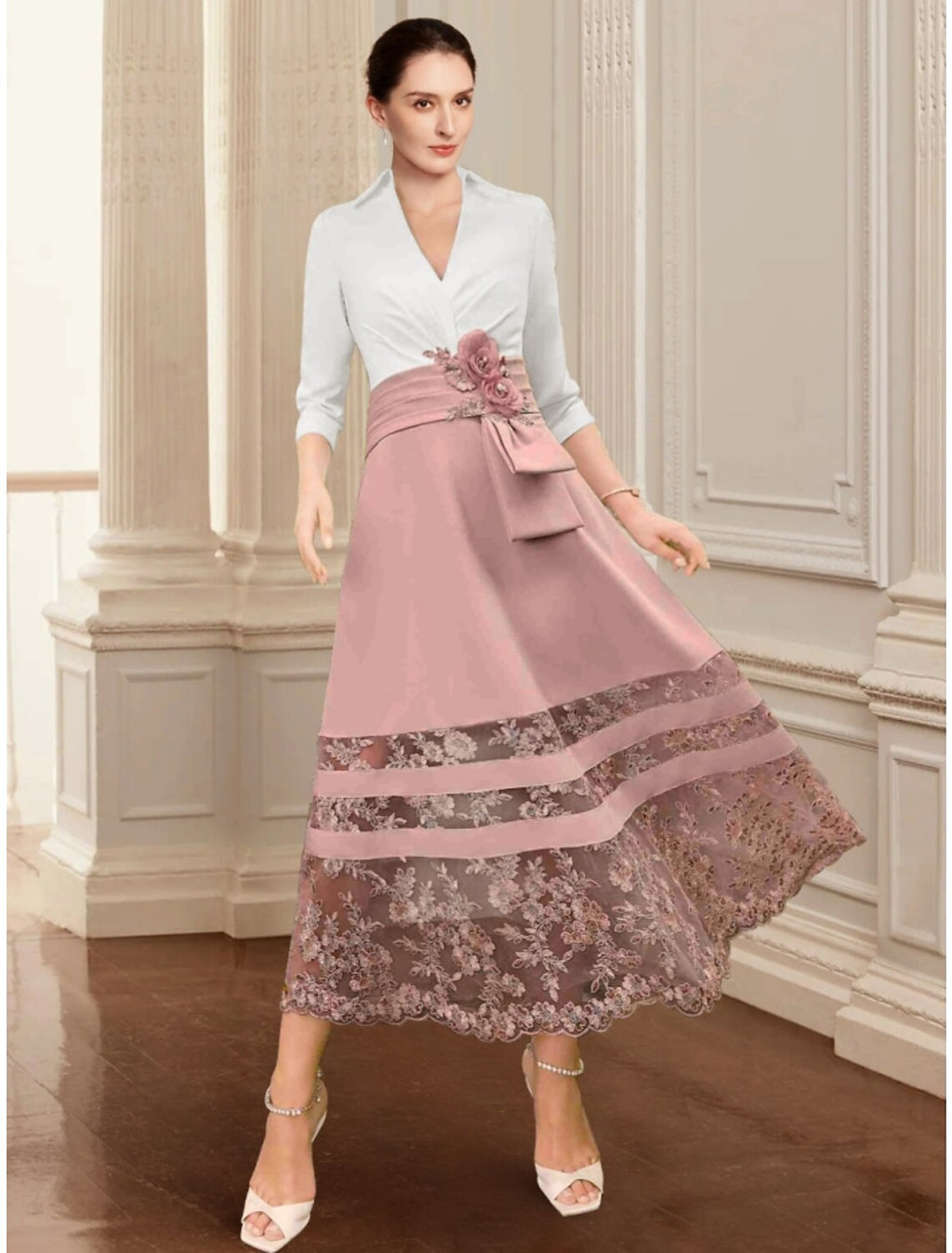 Mother of the Bride Dress Wedding Guest Elegant V Neck Ankle Length 3/4 Length Sleeve with Ruching Flower