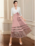 Mother of the Bride Dress Wedding Guest Elegant V Neck Ankle Length 3/4 Length Sleeve with Ruching Flower