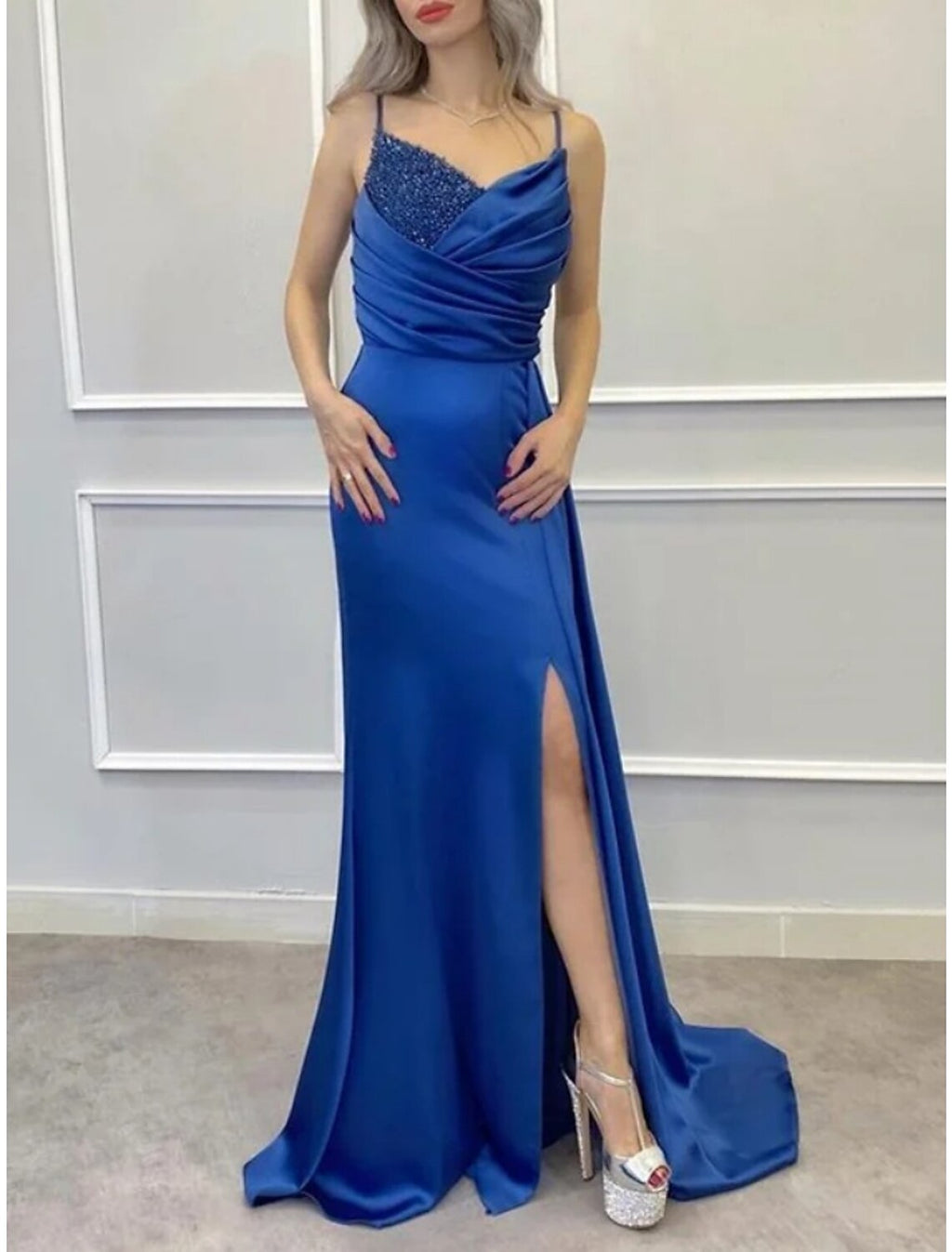 Evening Gown Elegant Dress Formal Sweep / Brush Train Sleeveless Spaghetti Strap Imitation with Pleats Ruched