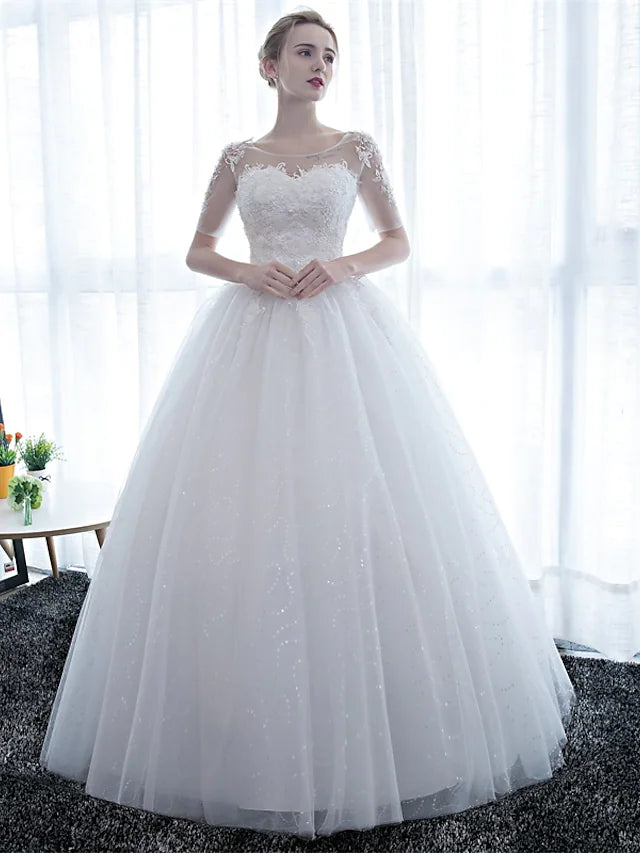 Engagement Open Back Formal Wedding Dresses Floor Length Ball Gown Half Sleeve Scoop Neck