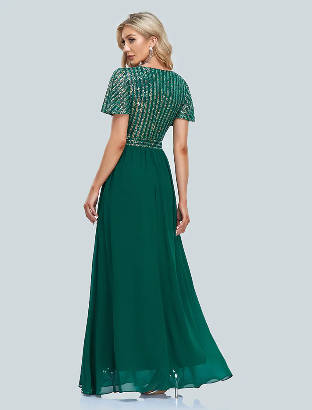 Evening Gown Elegant Dress Floor Length Short Sleeve V Neck