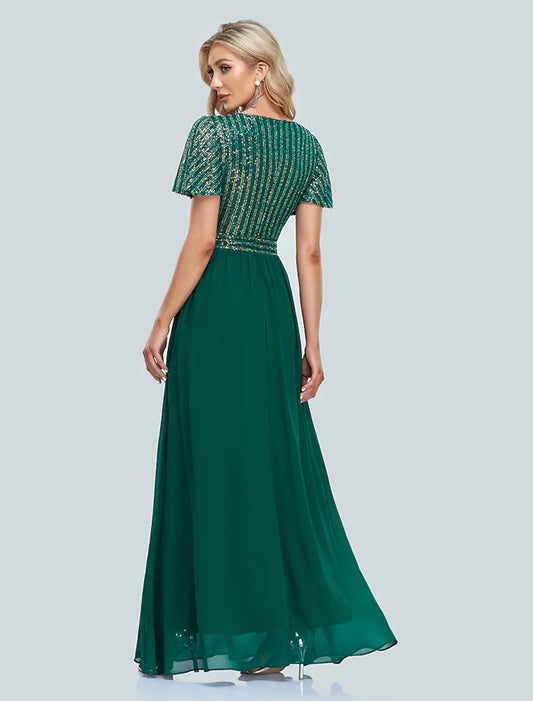 Elegant Red A-Line V-Neck Short-Sleeve Classic-Back Floor-Length Prom Dress