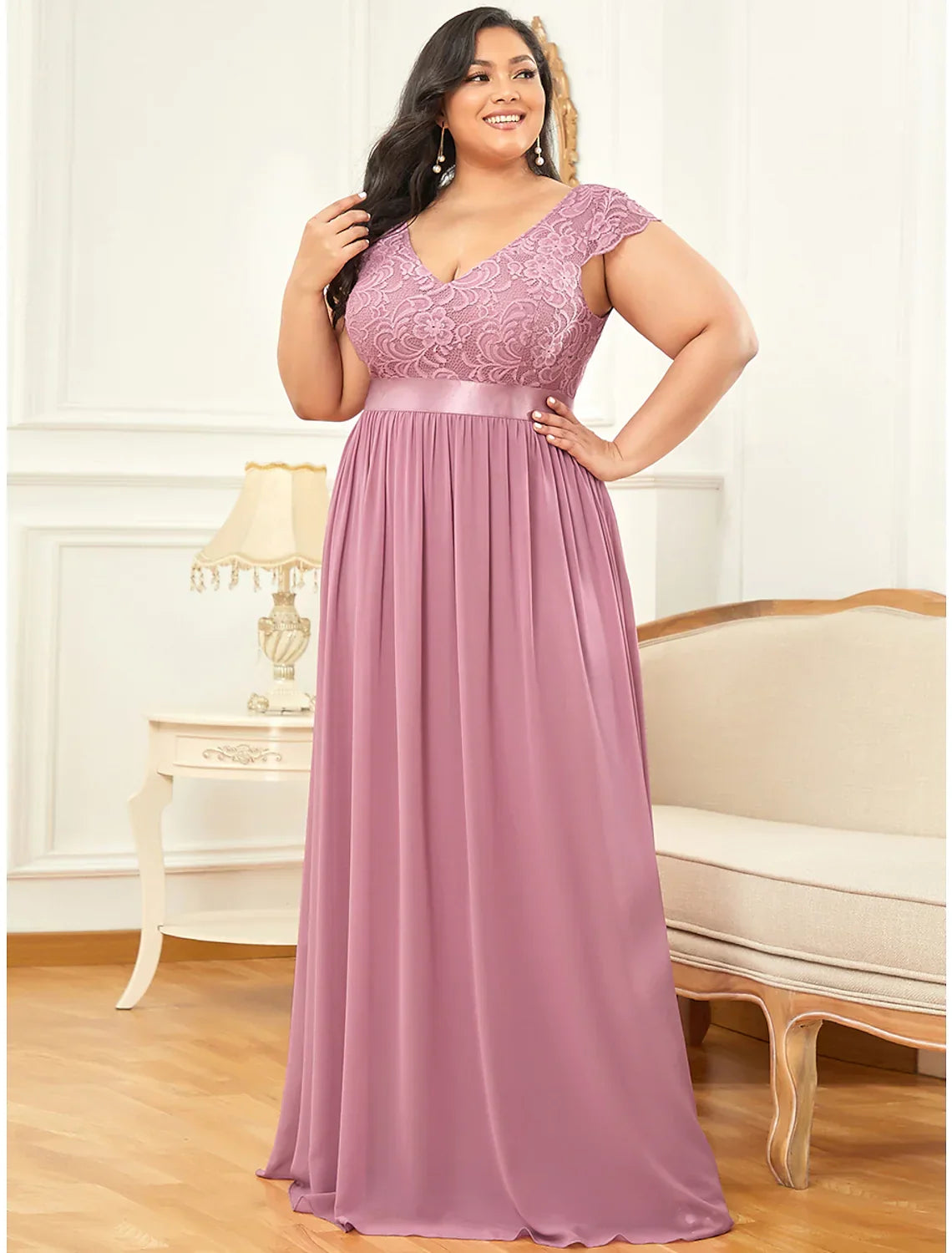 Elegant Red A-Line V-Neck Short-Sleeve Classic-Back Floor-Length Evening Dress