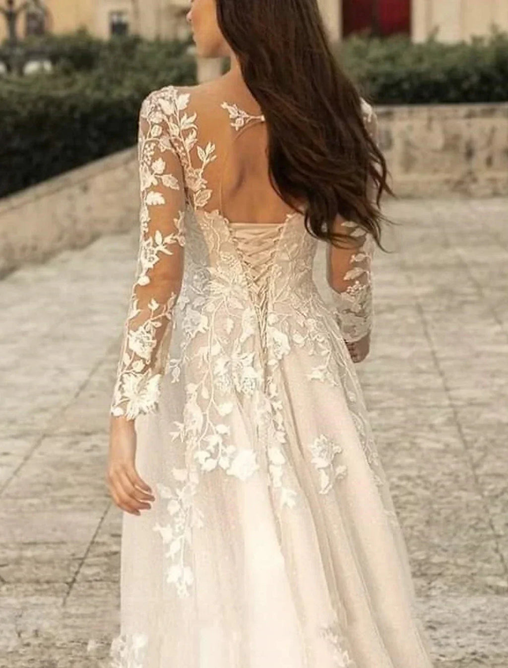 Beach Formal Wedding Dresses A-Line V Neck Long Sleeve Sweep / Brush Train Bridal Gowns With Flower Solid Color