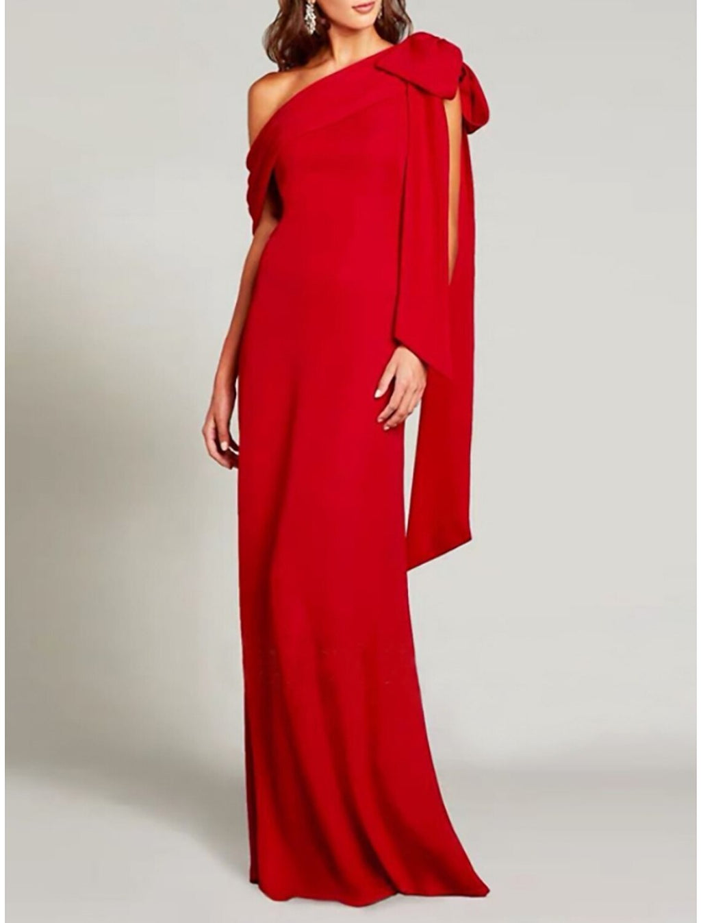Green Sheath / Column Evening Gown Elegant Dress Formal Sweep / Brush Train Christmas Red Dress Short Sleeve One Shoulder Charmeuse with Bow(s) Pleats Slit