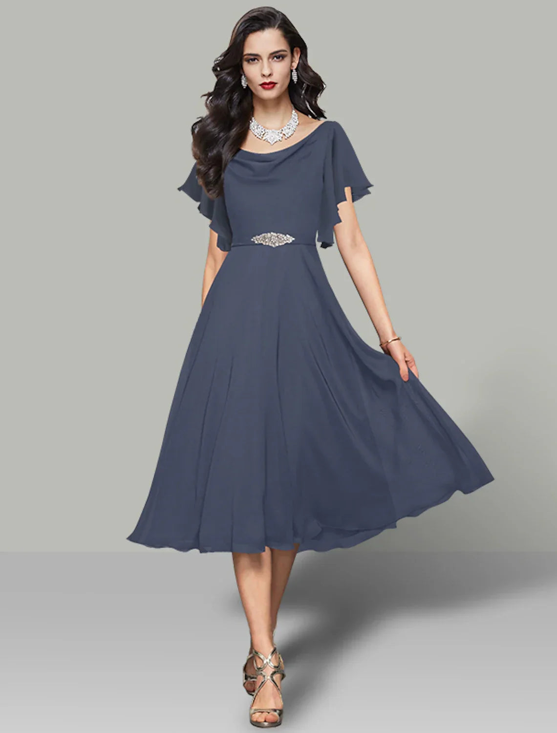 Wedding Guest Dresses Elegant Dress Cocktail Party Tea Length Short Sleeve Cowl Neck Belt / Sash with Rhinestone