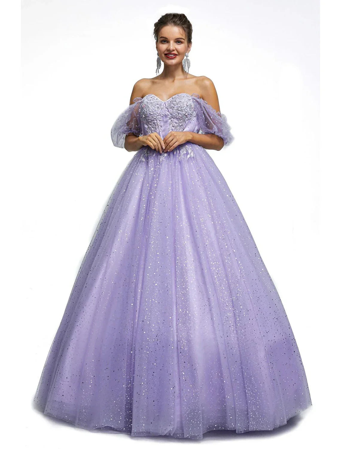 Ball Gown Prom Dresses Princess Dress Graduation Quinceanera Floor Length Short Sleeve Sweetheart with Appliques