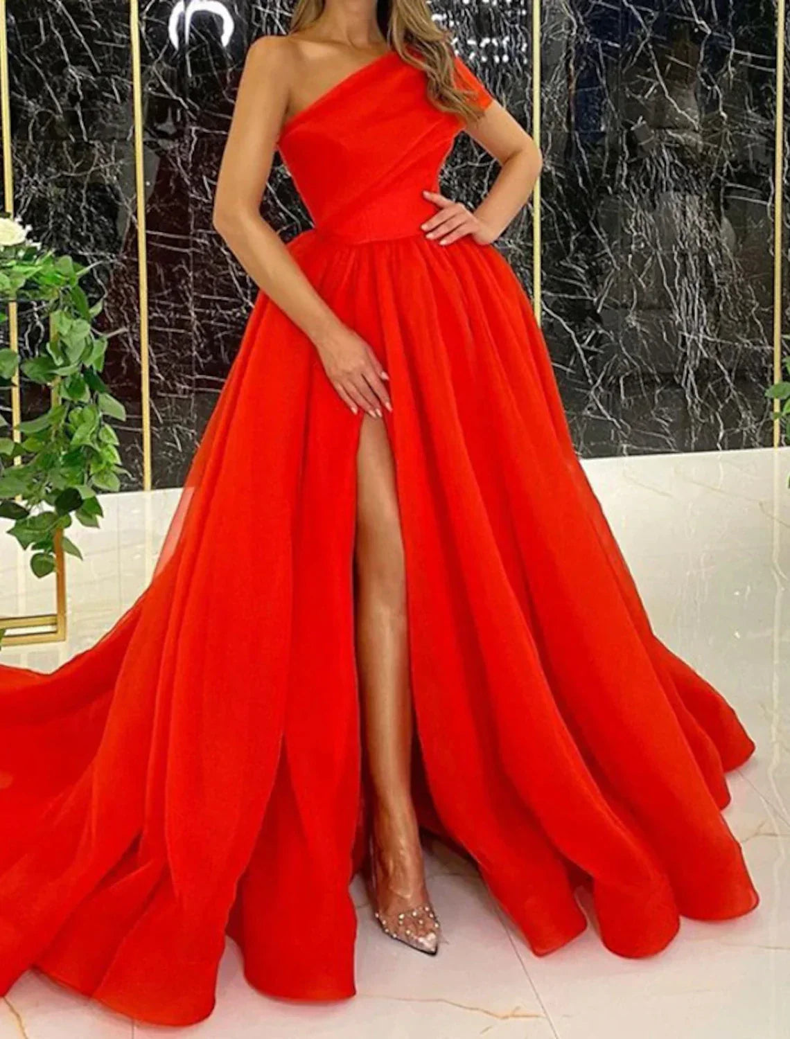 Ball Gown Evening Gown Celebrity Style Dress Wedding Guest Birthday Court Train Sleeveless One Shoulder Wednesday Addams Family