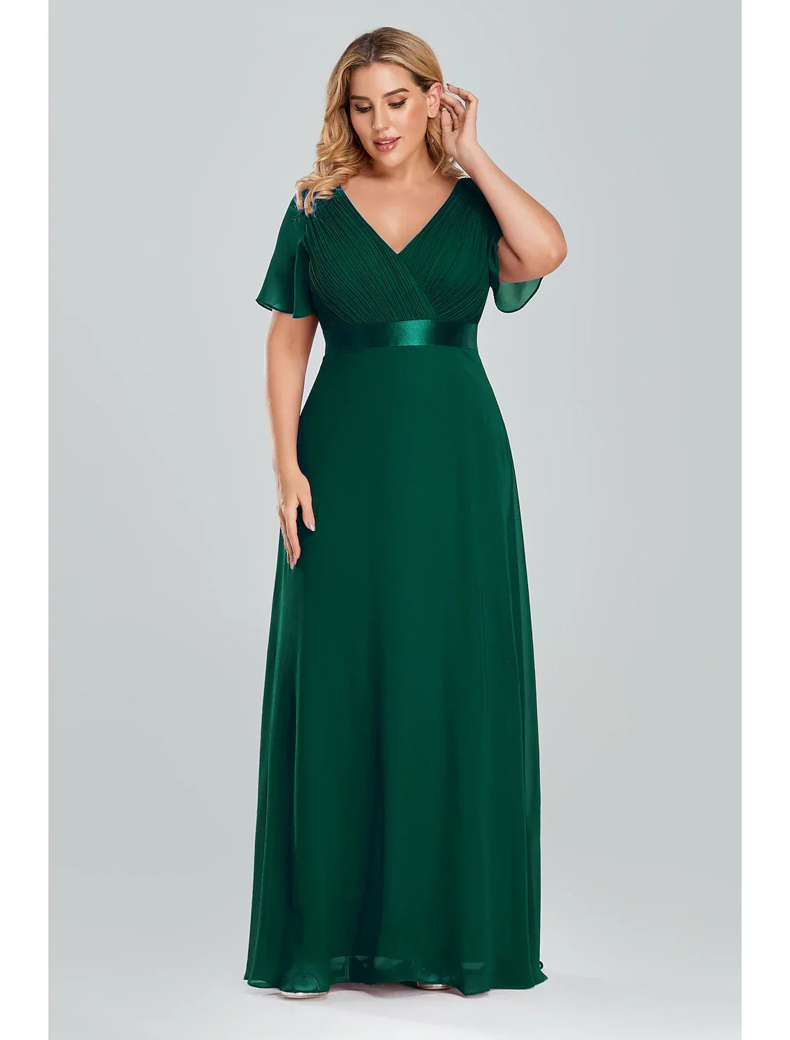 Empire Dress Wedding Guest Floor Length Short Sleeve V Neck with Pleats