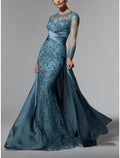 Mermaid / Trumpet Mother of the Bride Dress Wedding Guest Elegant Jewel Neck Sweep / Brush Train Long Sleeve with Ruching