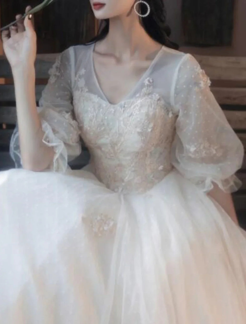 Ball Gown Vintage Floral Quinceanera Prom Dress V Neck Half Sleeve Floor Length with Pleats Embroidery