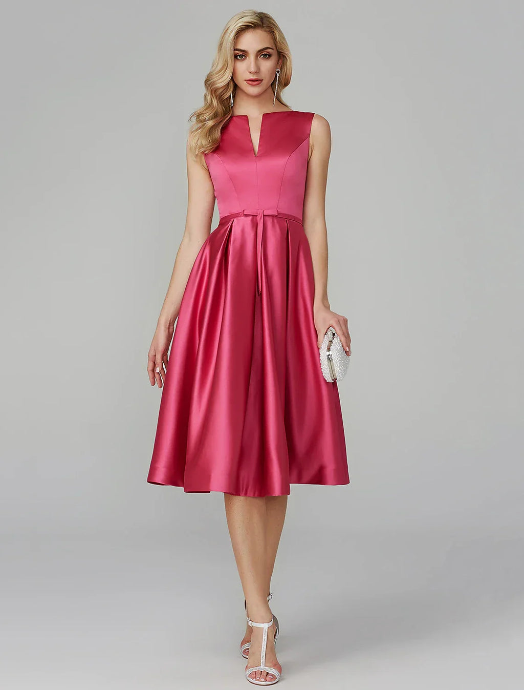 Pink Wedding Guest Cocktail Party Knee Length Sleeveless V Wire Dress with Sash / Ribbon