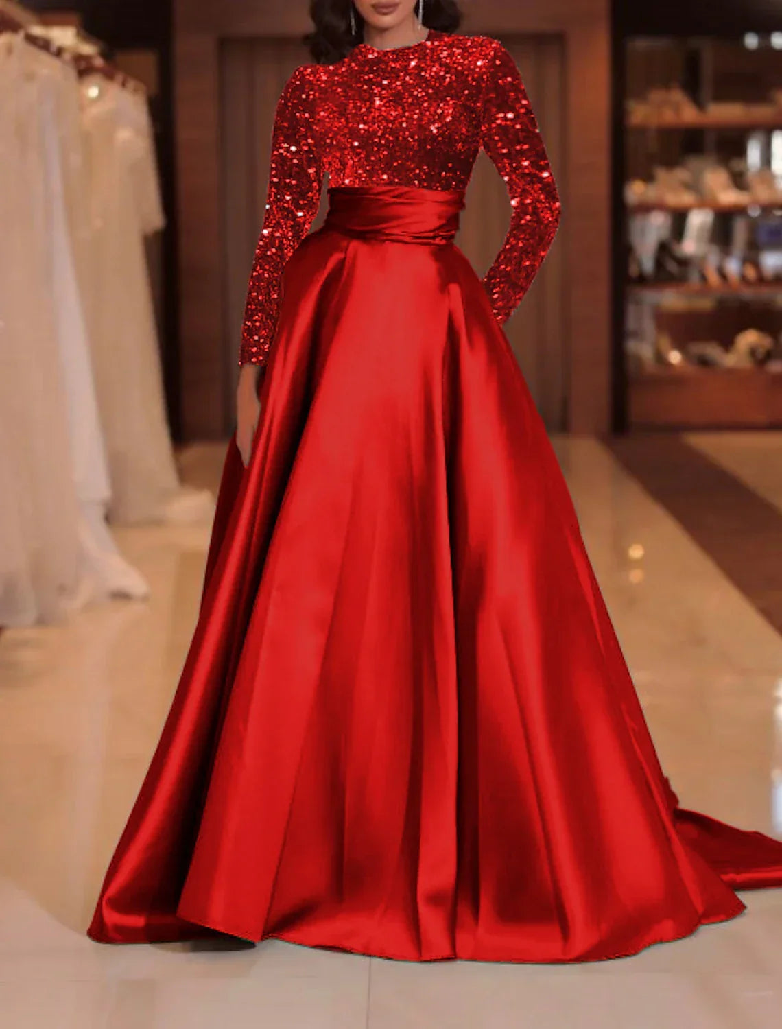 Green Evening Gown Sparkle Christmas Red Dress Formal Cocktail Party Court Train Long Sleeve High Neck Fall Wedding Guest