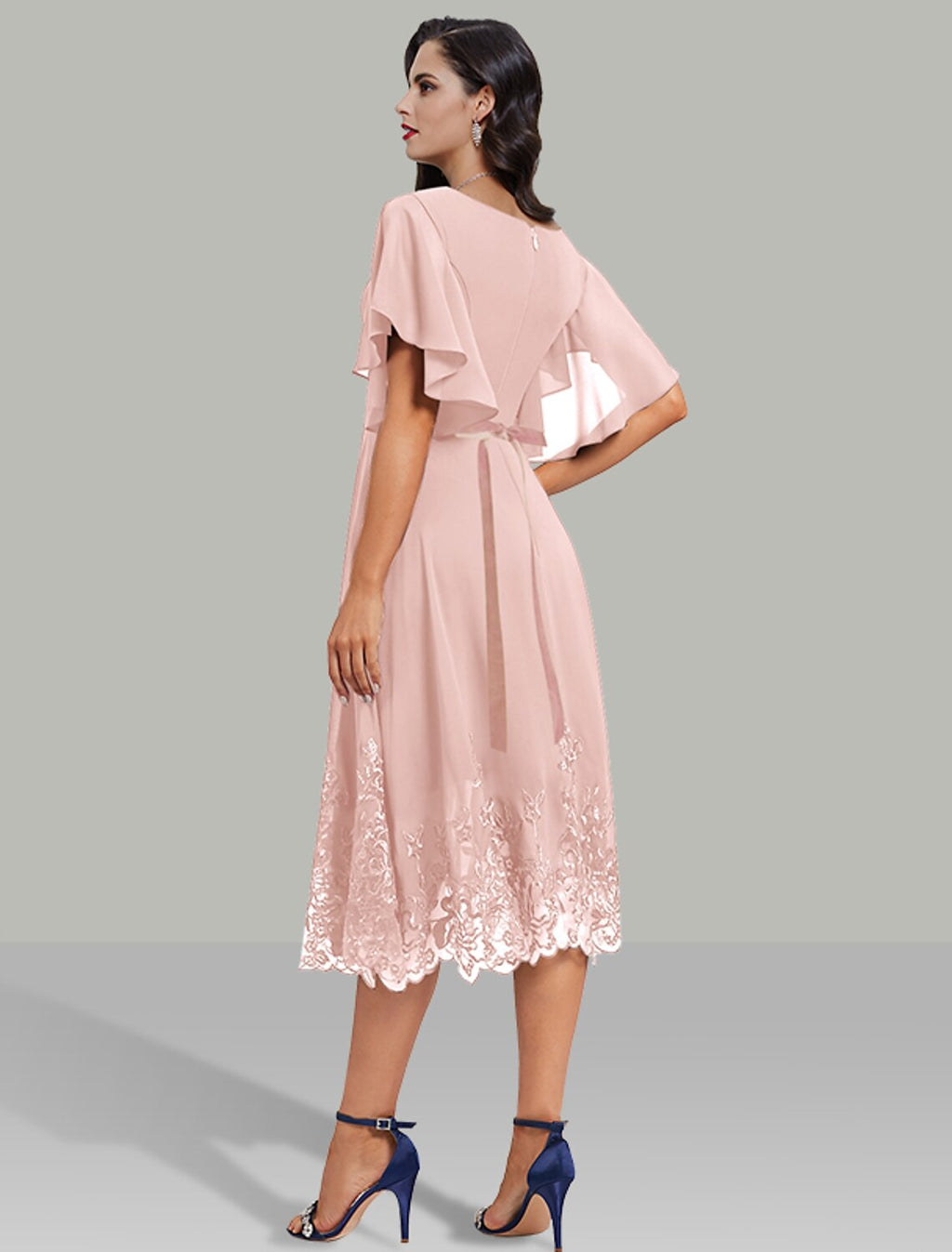 Wedding Guest Dresses Elegant Dress Cocktail Party Tea Length Short Sleeve V Neck Belt / Sash with Rhinestone Glitter Embroidery