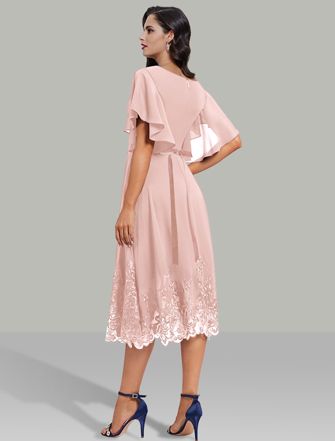 Wedding Guest Dresses Elegant Dress Cocktail Party Tea Length Short Sleeve V Neck Belt / Sash with Rhinestone Glitter Embroidery