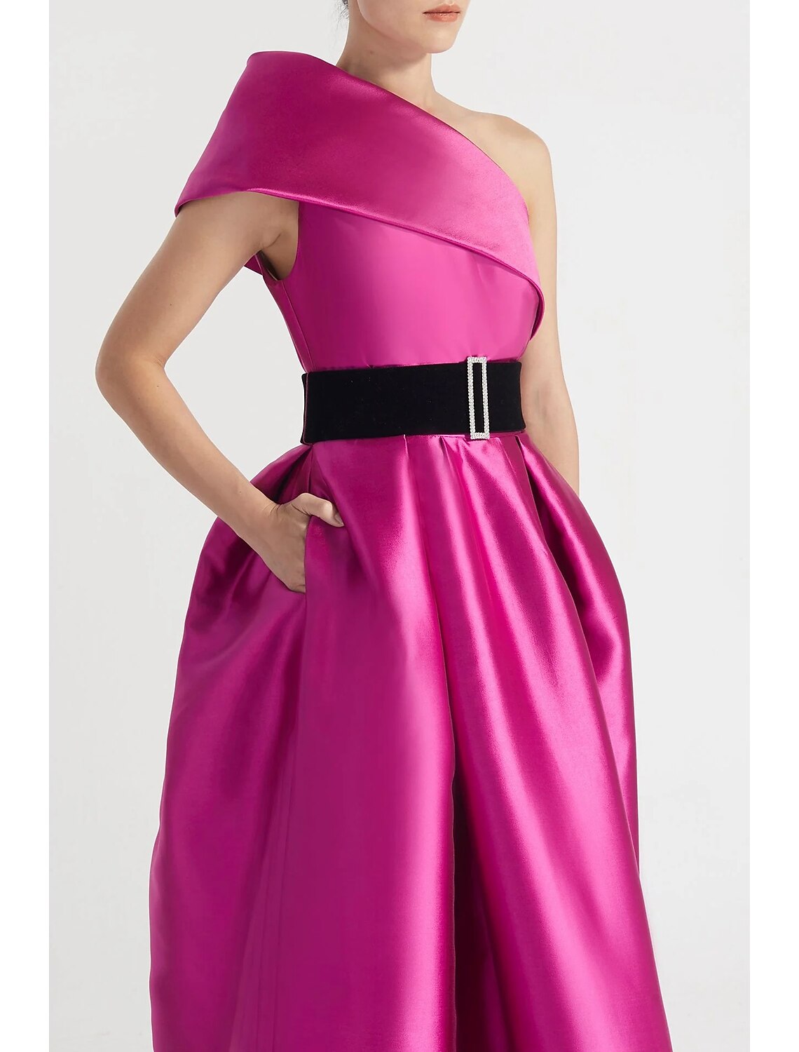 Evening Gown Elegant Dress Formal Floor Length Sleeveless One Shoulder with Pocket