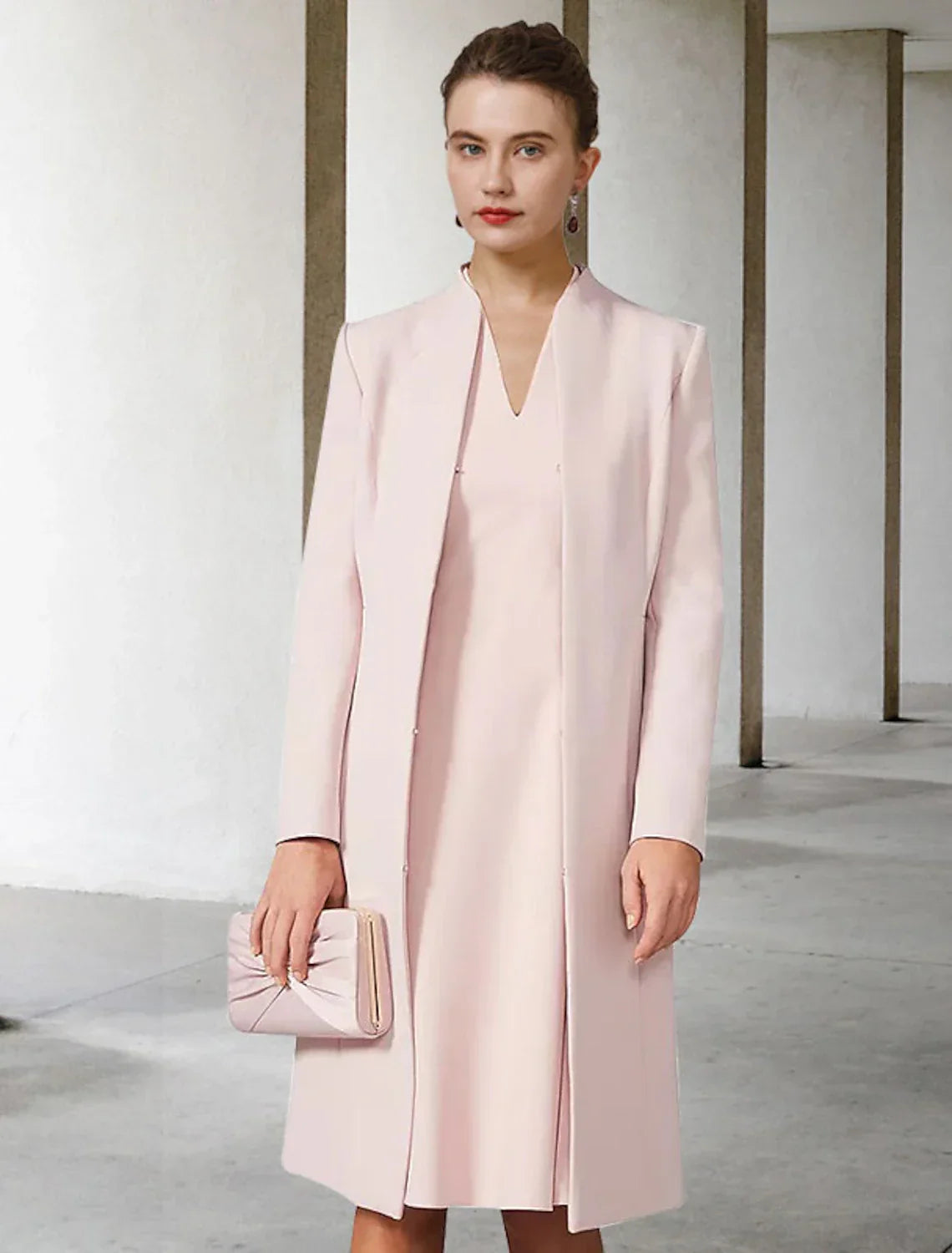 Two Piece A-Line Mother of the Bride Dress Wedding Guest Church Elegant V Neck Knee Length Short Sleeve Jacket Dresses with Solid Color Fall
