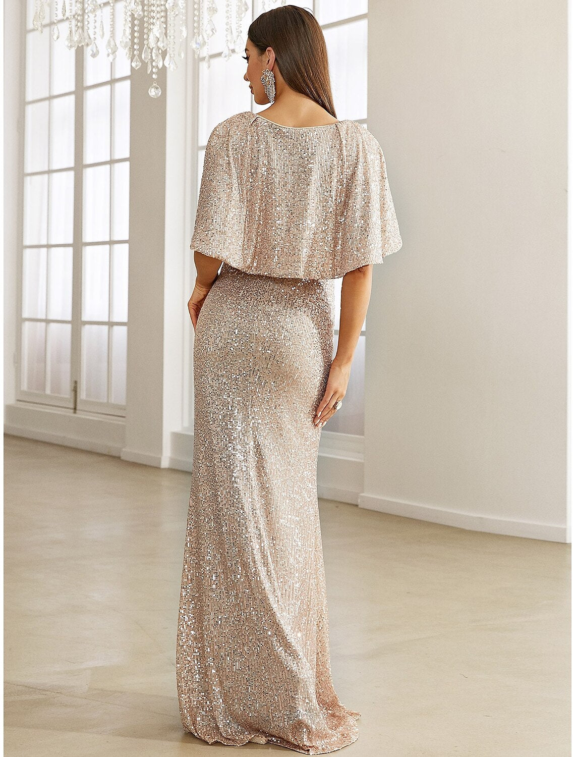 Mermaid / Trumpet Evening Gown Sparkle & Shine Dress Formal Fall Sweep / Brush Train Half Sleeve V Neck with Glitter