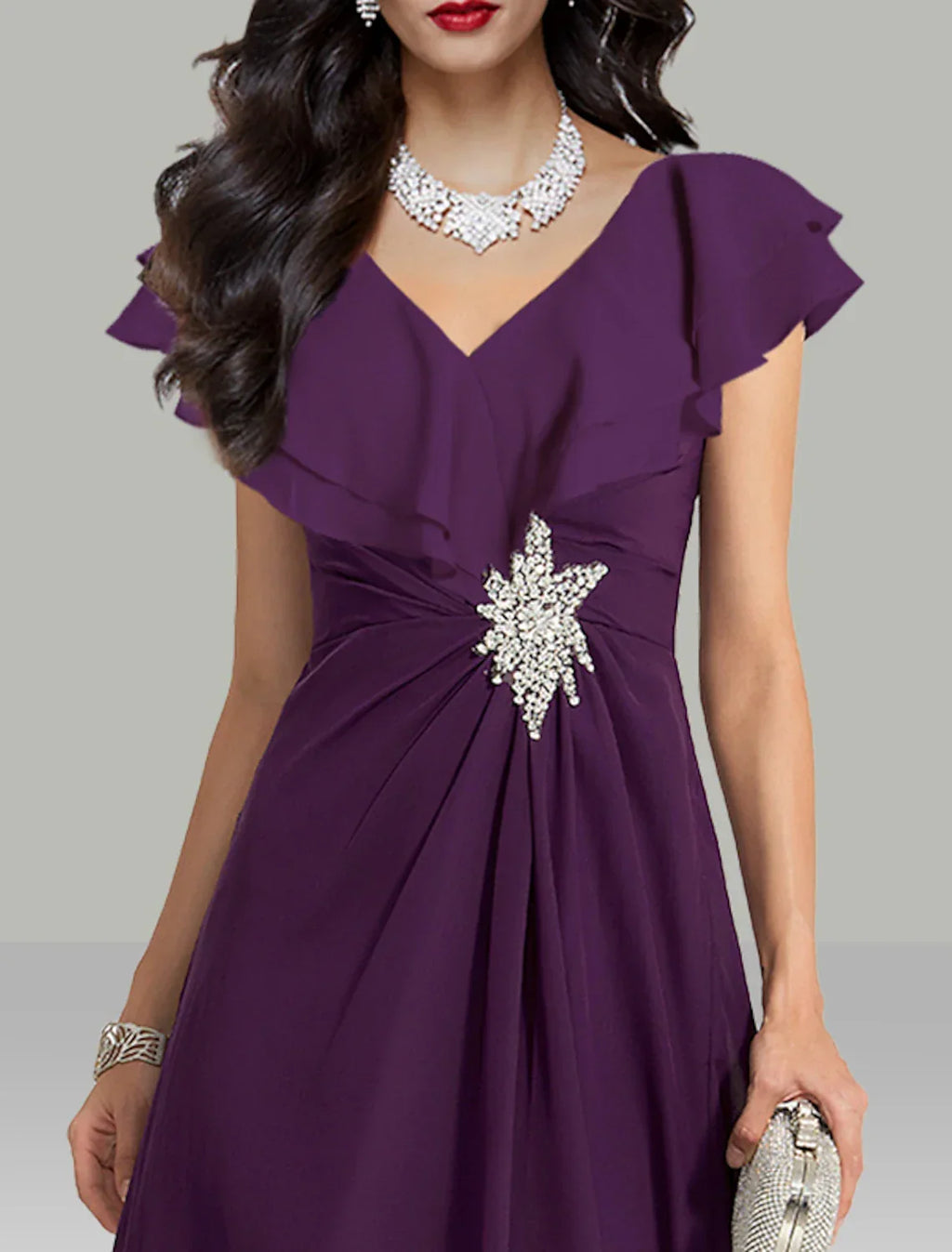Wedding Guest Dresses Elegant Dress Cocktail Party Tea Length Short Sleeve V Neck with Rhinestone