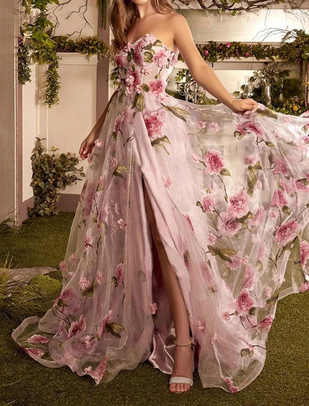 Floral Dress Wedding Guest Wedding Party Court Train Sleeveless Strapless with Slit Appliques