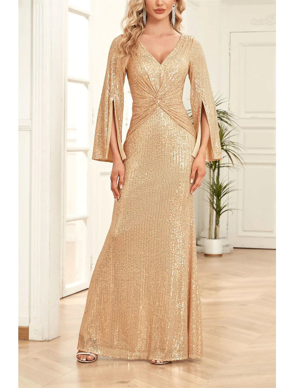 Mermaid / Trumpet Mother of the Bride Dress Wedding Guest Party Sparkle & Shine Scoop Neck V Neck Floor Length 3/4 Length Sleeve with Ruching Solid Color
