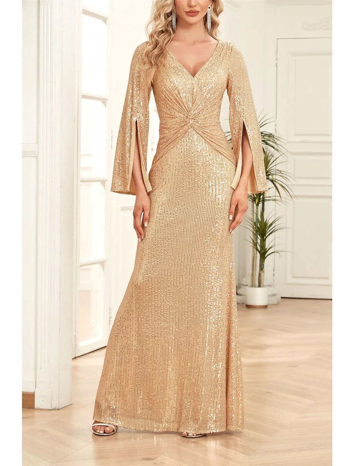 Mermaid / Trumpet Mother of the Bride Dress Wedding Guest Party Sparkle & Shine Scoop Neck V Neck Floor Length 3/4 Length Sleeve with Ruching Solid Color